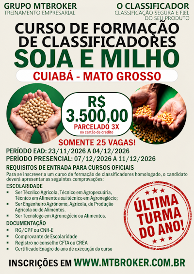 CURSO DE FORMACAO DE CLASSIFICADORES DE SOJA E MILHO DEZEMBRO 2026 EM CUIABA/MT