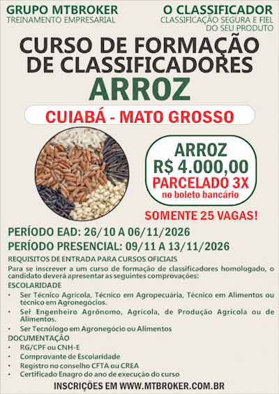 CURSO DE FORMACAO DE CLASSIFICADORES DE ARROZ - NOVEMBRO 2026 EM CUIABA