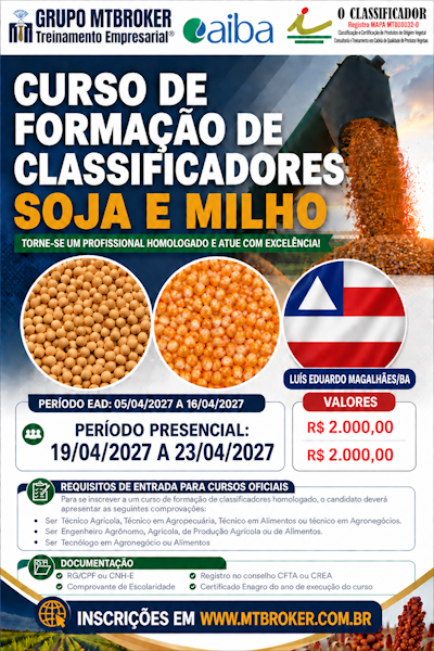 CURSO DE FORMACAO DE CLASSIFICADORES DE SOJA E  MILHO ABRIL 2027 LUIS EDUARDO MAGALHÃES-BA